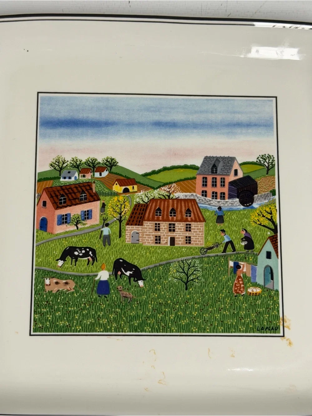 Vintage Farm Scene Ceramic Serving Tray/Decor